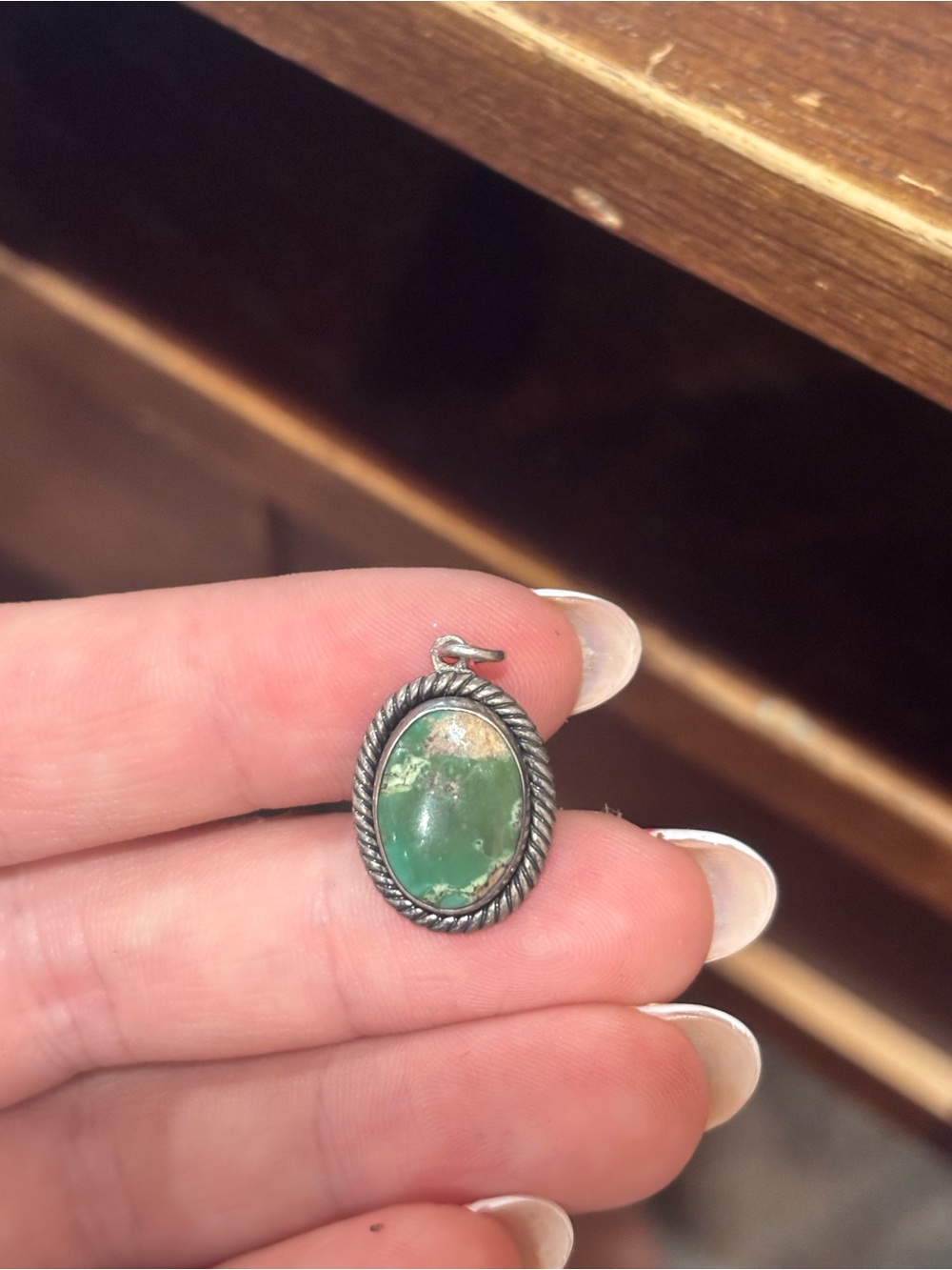 Green Stone Sterling-Style Oval Pendant